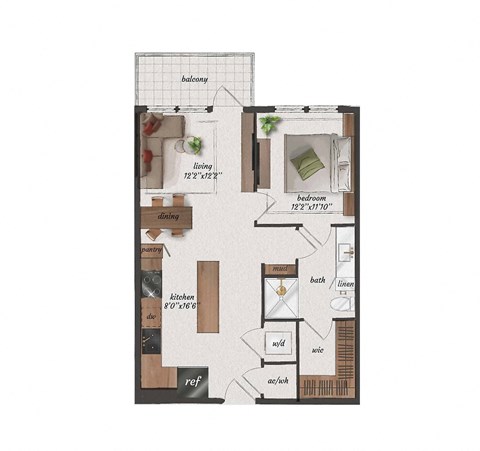 Floor plan for 1 bed, 1 bath, 690 sqft